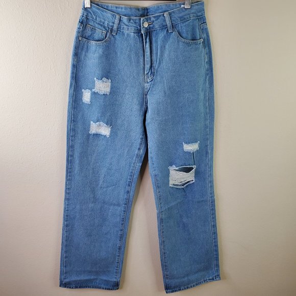 SHEIN Denim - SHEIN Womens Blue Wash High Waist Ripped Factory Distressed Jeans